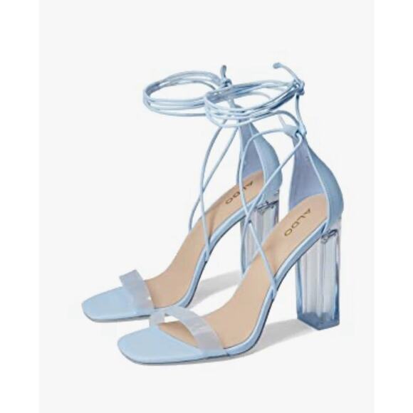 Aldo Onardonia Ankle Wrap Heels Womens Size 10 Blue Clear Heel Cinderella Ice - Picture 1 of 13